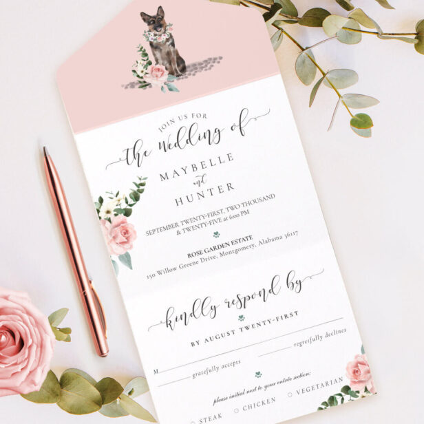 Watercolor German Shepherd Dog & Floral Pink Rose All In One Invitation