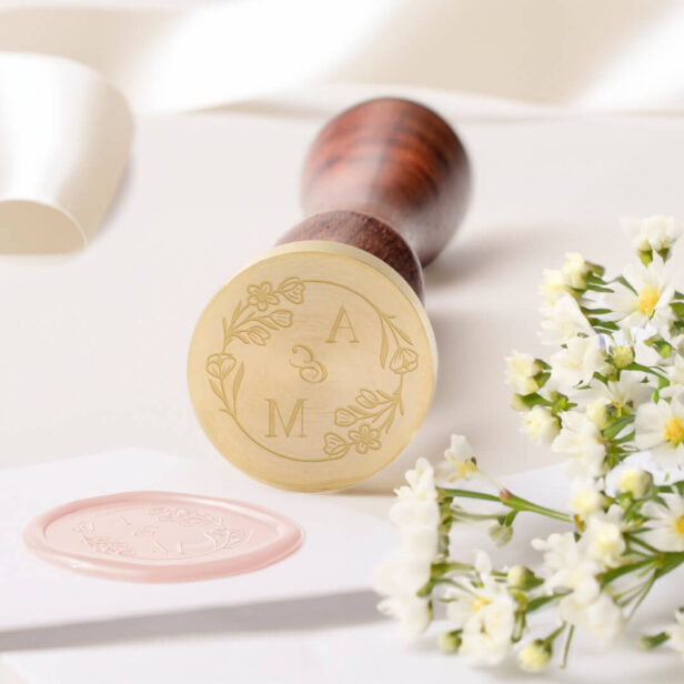 Elegant Floral Rose Wreath Wedding Couple Monogram Wax Seal Stamp