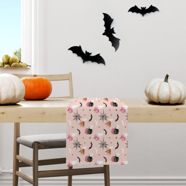 Fun Halloween Pink & Orange Pumpkin Spider Web Bat Short Table Runner