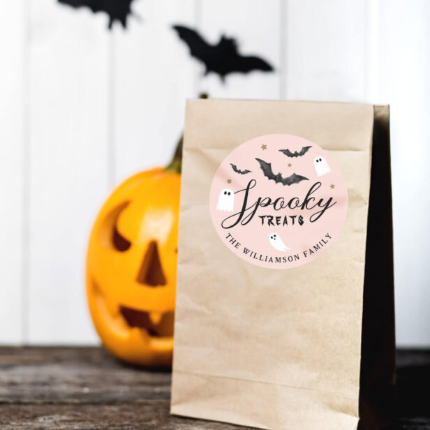 Fun Spooky Treats Halloween Ghost & Bats Custom Classic Round Sticker