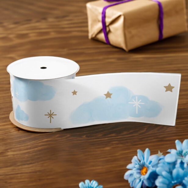 Magical Blue Cloud and twinkling Gold Stars Satin Ribbon