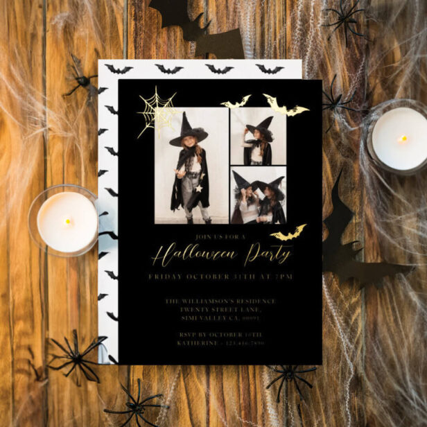 Minimal Three Photo Spooky Bats Halloween Party Foil Invitation