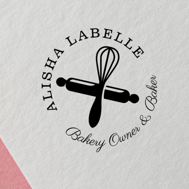 Minimal Wooden Rolling Pin & Whisk Bakery Logo Rubber Stamp