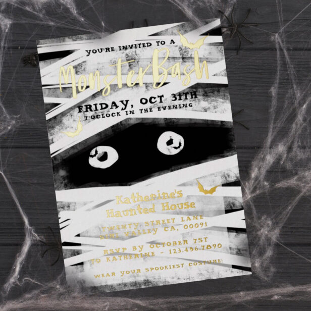 Monster Bash | Black & White Mummy Halloween Party Foil Invitation
