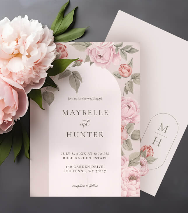 Peonies in Bloom wedding invitation by Moodthology Papery