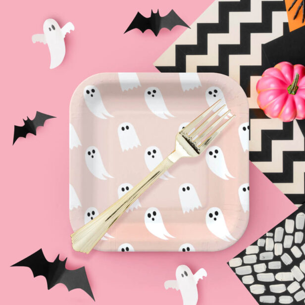 Pink & White Halloween Ghost & Pattern Paper Paper Plates
