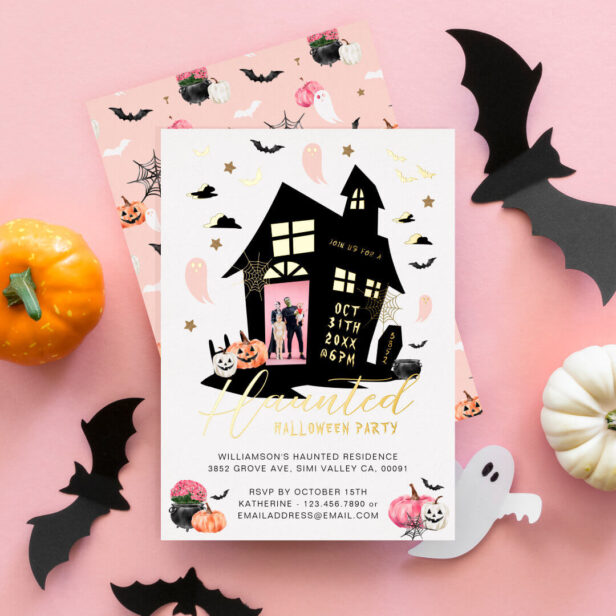 Spooky Haunted House Halloween Party Custom Photo Foil Invitation
