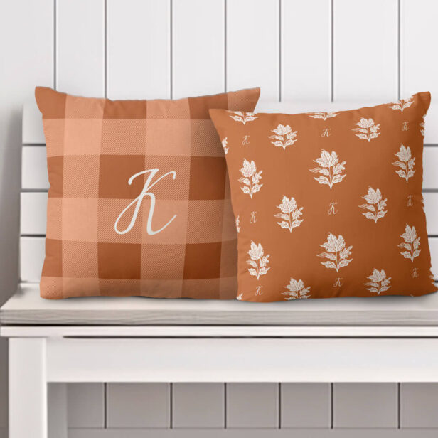 Autumn Fall Foliage Custom Monogram & Orange Plaid Throw Pillow
