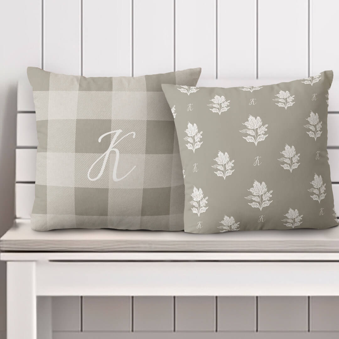 Autumn Fall Foliage Custom Monogram & Sage Plaid Throw Pillow