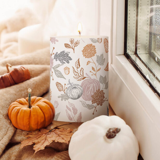 Autumn Leaves Flowers & Pumpkin Pattern Monogram Pillar Candle