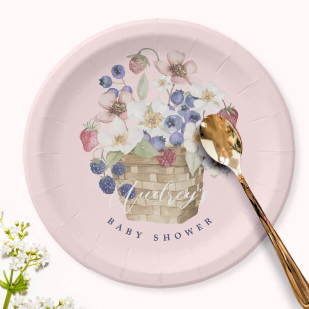 Berry Sweet Baby Shower Wild Berries & Flowers Pink Paper Plates