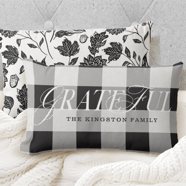 Grateful Family County Style Black Plaid Fall Leaf Lumbar Pillow