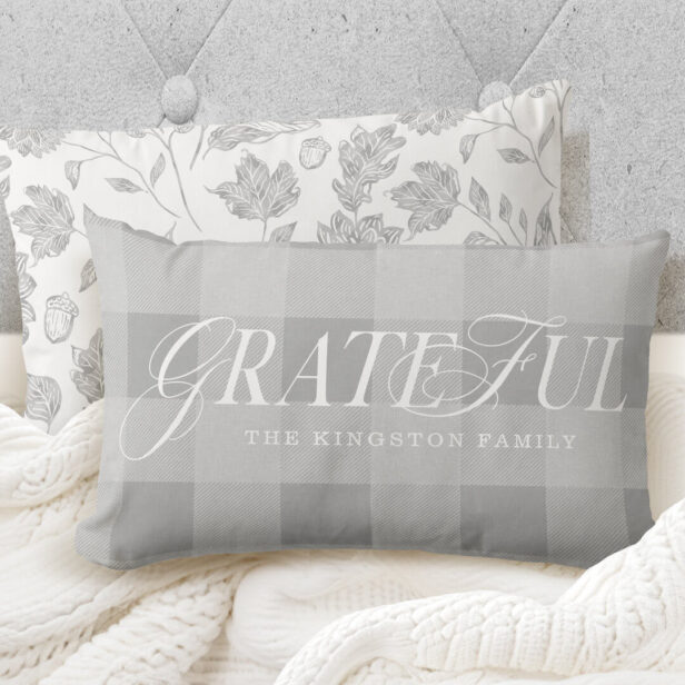 Grateful Family County Style Grey Plaid Fall Leaf Lumbar Pillow