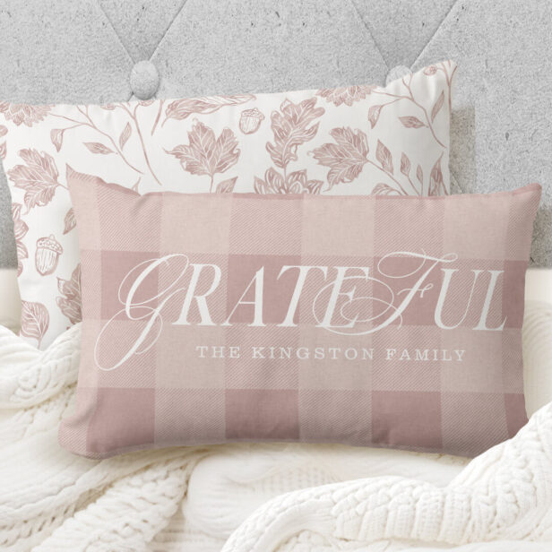 Grateful Family County Style Pink Plaid Fall Leaf Lumbar Pillow