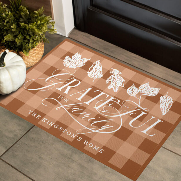 Grateful for Family Custom Name Leaf Orange Plaid Doormat