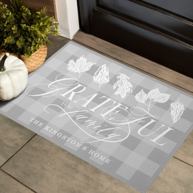 Grateful for Family Custom Name Leaves Grey Plaid Doormat