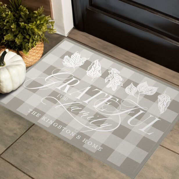 Grateful for Family Custom Name Leaves Sage Plaid Doormat