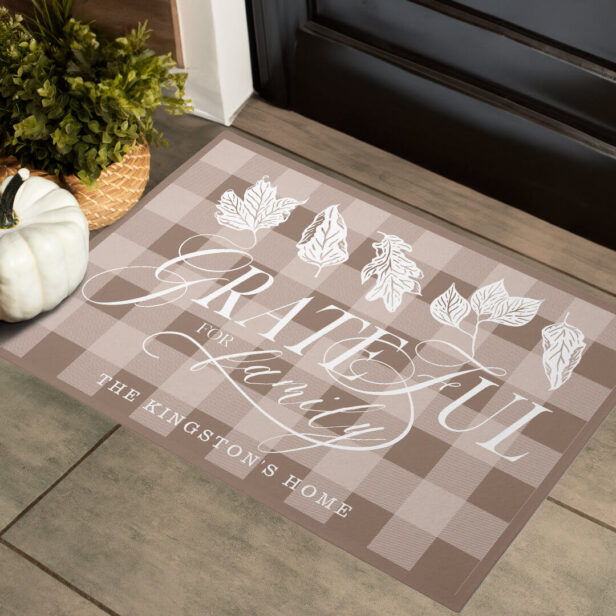 Grateful for Family Custom Name Leaves Taupe Plaid Doormat
