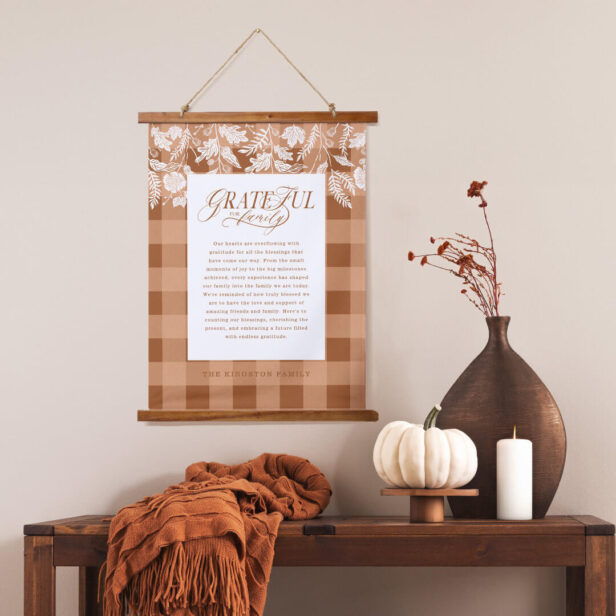 Grateful for Family Message Fall Foliage Orange Plaid Hanging Tapestry