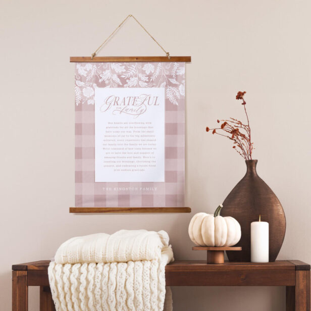 Grateful for Family Message Fall Foliage Pink Plaid Hanging Tapestry