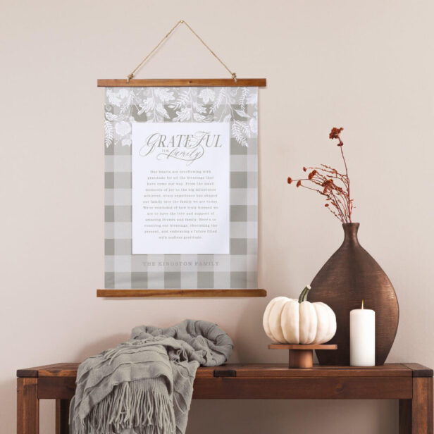 Grateful for Family Message Fall Foliage Sage Plaid Hanging Tapestry