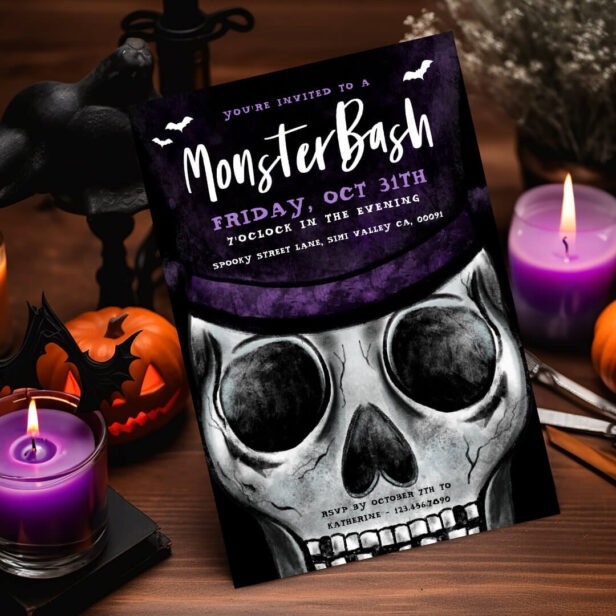 Monster Bash Spooky Skeleton Halloween Party Invitation