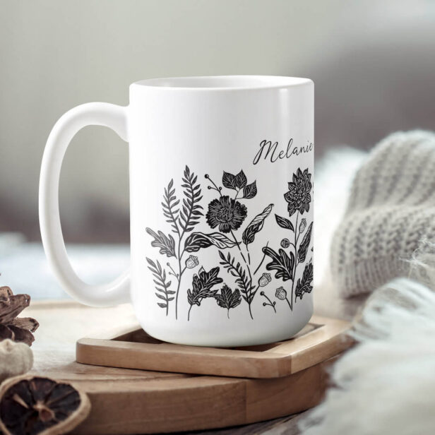 Personalized Foliage Autumn Flowers Black Coffee Mug