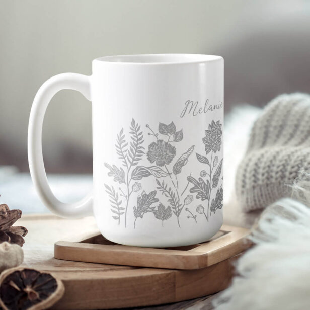 Personalized Foliage Autumn Flowers Grey Coffee Mug