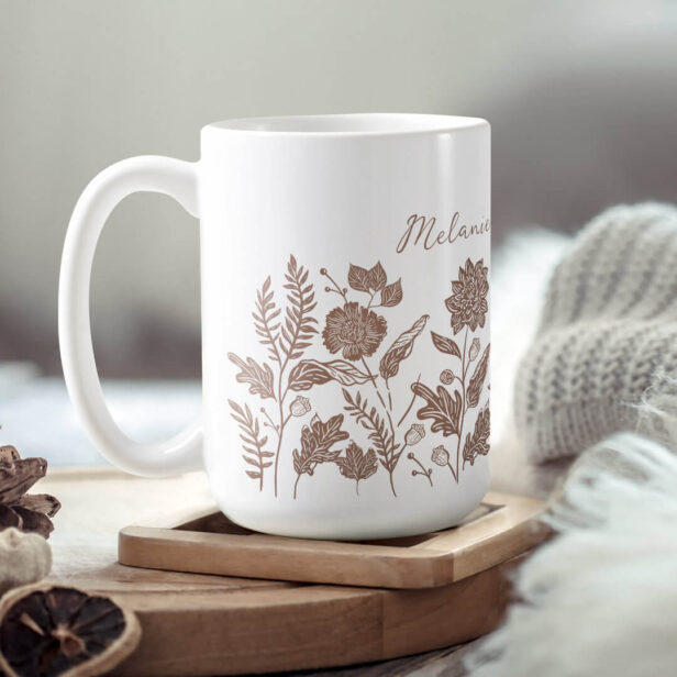 Personalized Foliage Autumn Flowers Taupe Coffee Mug