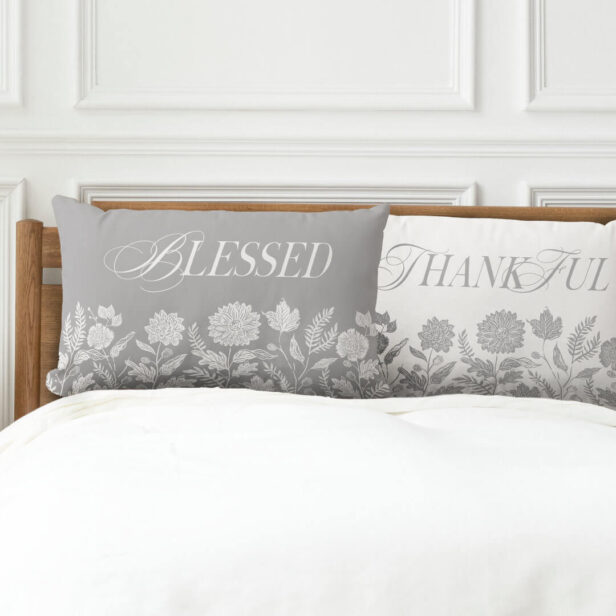 Thankful & Blessed Fall Foliage & Flowers Grey Lumbar Pillow