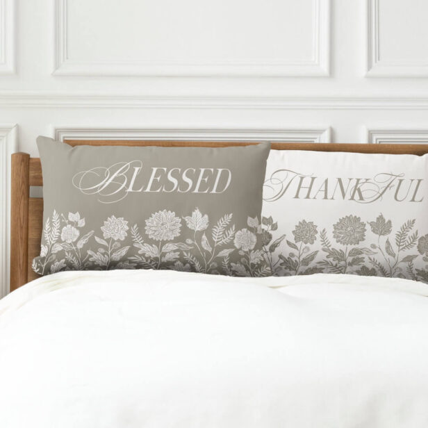 Thankful & Blessed Fall Foliage & Flowers Sage Lumbar Pillow