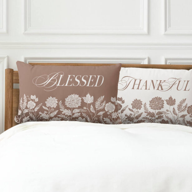Thankful & Blessed Fall Foliage & Flowers taupe Lumbar Pillow
