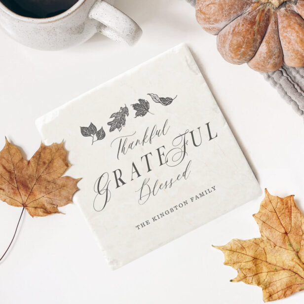 Thankful, Grateful, Blessed Script Fall Leaves Stone Coaster