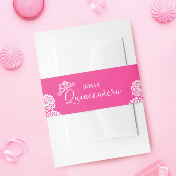 Fun Elegant Girly Pink Crown Quinceanera Princess Invitation Pink Belly Band