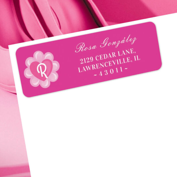 Fun Girly Pink Flower & Heart Monogram Label