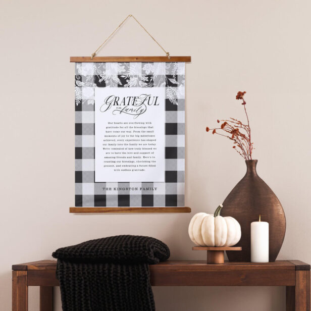 Grateful for Family Message Fall Foliage Black Plaid Hanging Tapestry