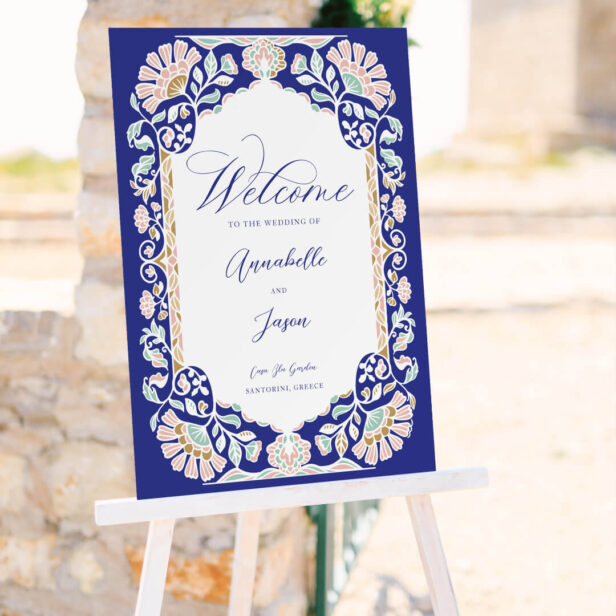 Greece Blue Floral Ornate Frame Wedding Welcome Foam Board