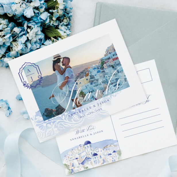 Greece Wedding Thank You Script Monogram Photo Postcard