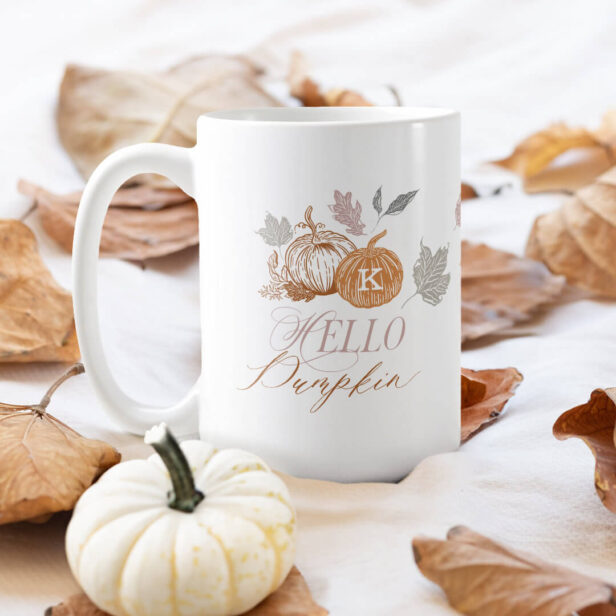 Hello Pumpkin Festive Autumn Fall Leaves Monogram Coffee Mug