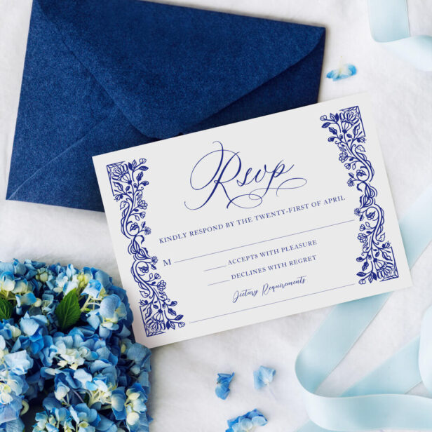 Ornate Greek Floral Pattern Blue Elegant Script RSVP Card