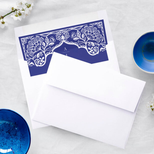 Ornate Greek Floral Pattern Blue Wedding Monogram Envelope Liner