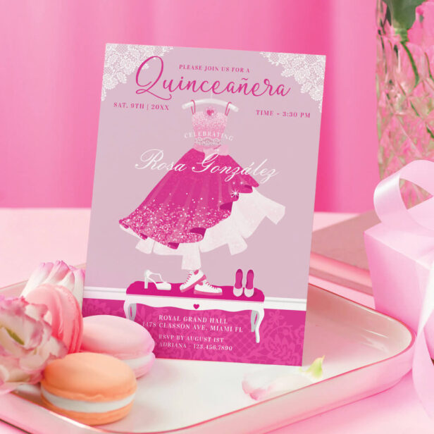 Pink Fashion Dream Gown Wardrobe Quinceanera Party Invitation