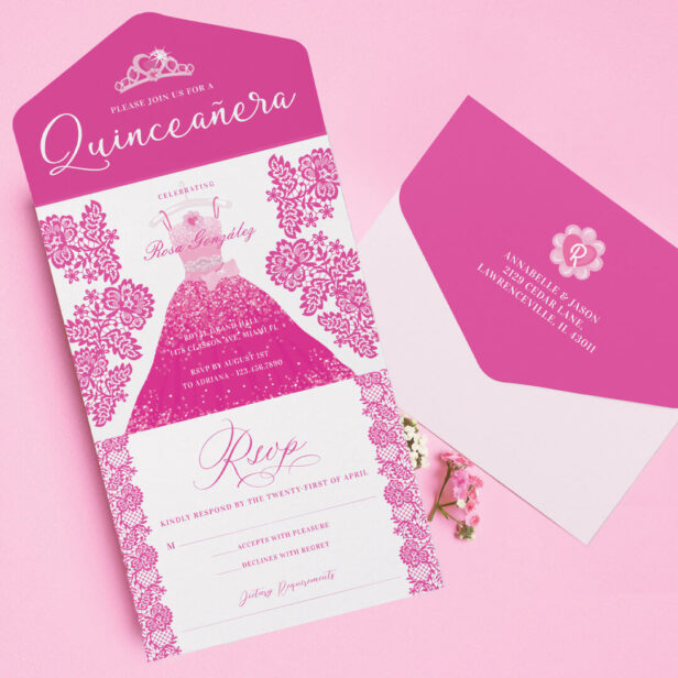 Pink Fashion Dream Princess Gown Quinceanera Party All In One Invitation
