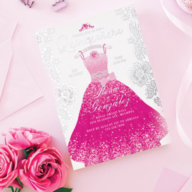 Pink Fashion Dream Princess Gown Quinceanera Party Foil Invitation
