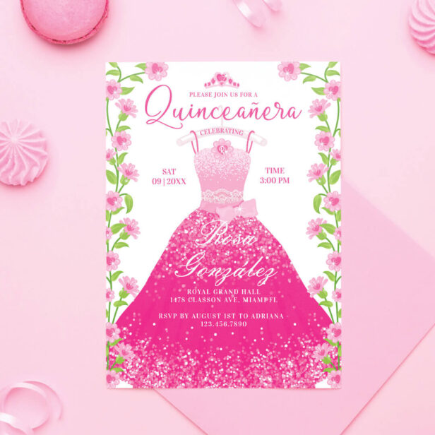 Pink Fashion Dream Princess Gown Quinceanera Party Invitation