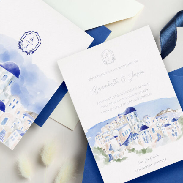 Santorini Greece Architecture Watercolor Wedding Foil Invitation