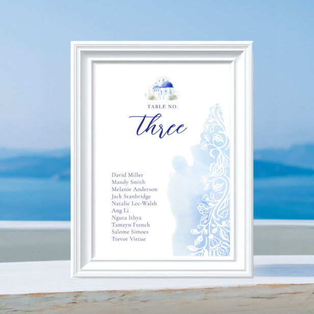 Santorini Greece Landscape Blue Watercolor Wedding Table Number
