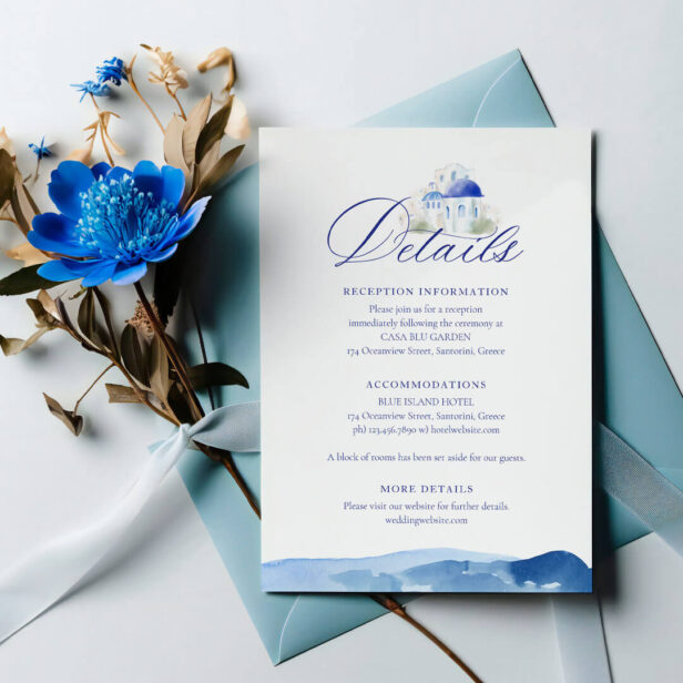 Santorini Greece Watercolor Wedding Details Enclosure Card