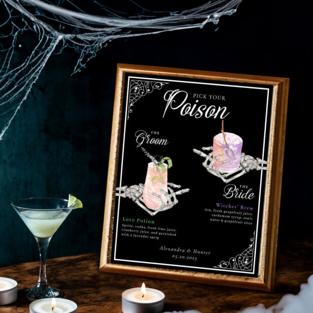 Pick Your Poison Skeleton Bride & Groom Cocktails Poster