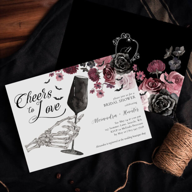 Cheers to Love Skeleton Hand Floral Gothic Bridal Invitation